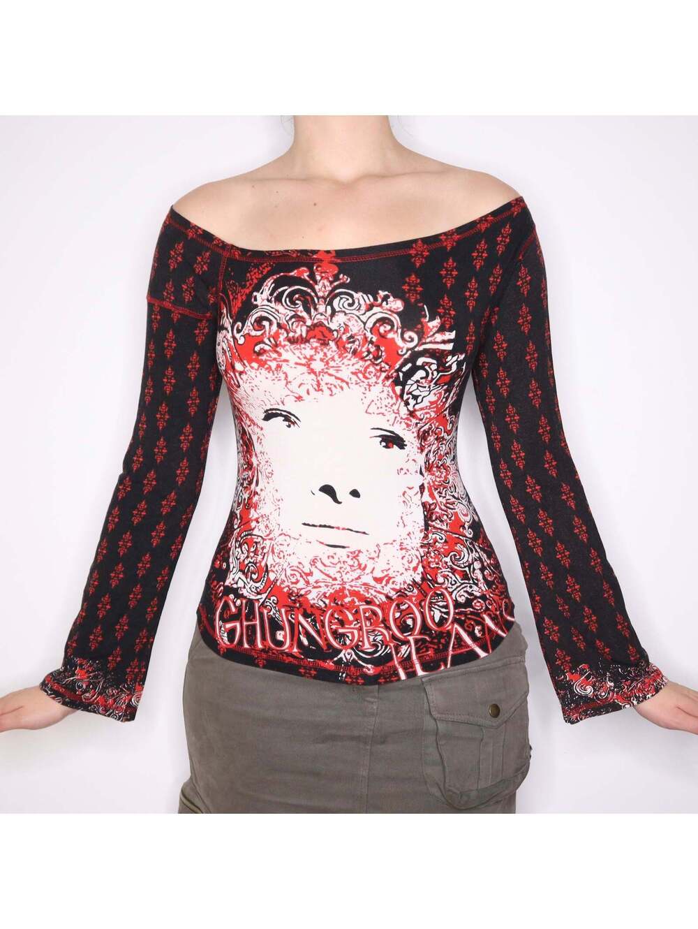 Y2K Graphic Face Print Long Sleeve Top (S/M)